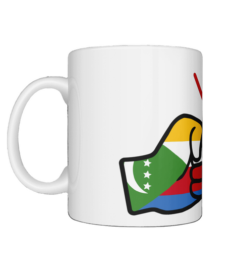 A glossy white ceramic We Run Tings Comoros Mug with a graphic design of a fist and the colors of the Comoros flag. Side view