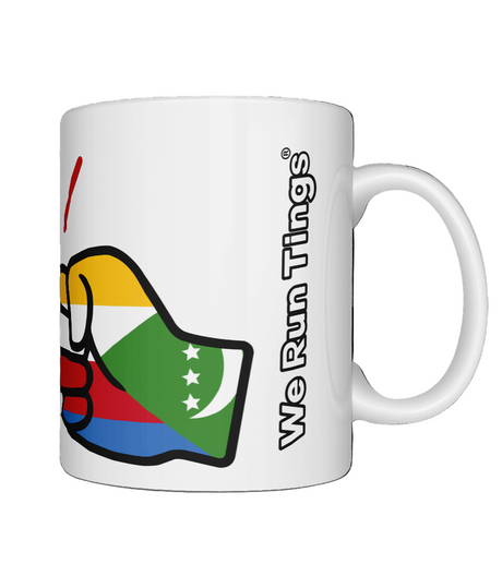 A glossy white ceramic We Run Tings Comoros Mug with a graphic design of a fist and the colors of the Comoros flag and wording on the edge. Side view