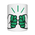 A glossy white ceramic mug with a graphic design of Cote d’Ivoire/Ivory Coast flag and the brand 'We Run Tings'. Front view.