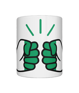 A glossy white ceramic mug with a graphic design of Cote d’Ivoire/Ivory Coast flag and the brand 'We Run Tings'. Front view.