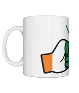 A glossy white ceramic mug with a graphic design of Cote d’Ivoire/Ivory Coast flag and the brand 'We Run Tings'. Side view.