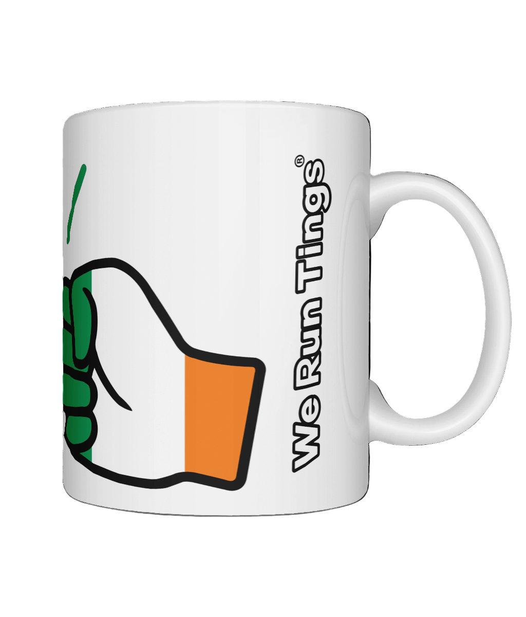 A glossy white ceramic mug with a graphic design of Cote d’Ivoire/Ivory Coast flag and the brand 'We Run Tings'. Side view. On a white background