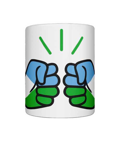 White ceramic We Run Tings Djibouti themed coffee mug on a white background. Front view.