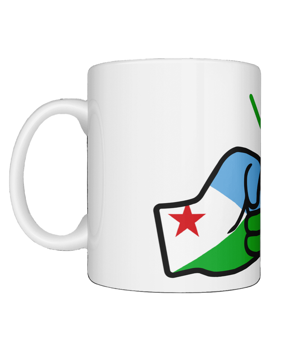 A glossy white ceramic We Run Tings Djibouti Mug with a graphic design of a fist and the colors of the Djibouti flag. Side view