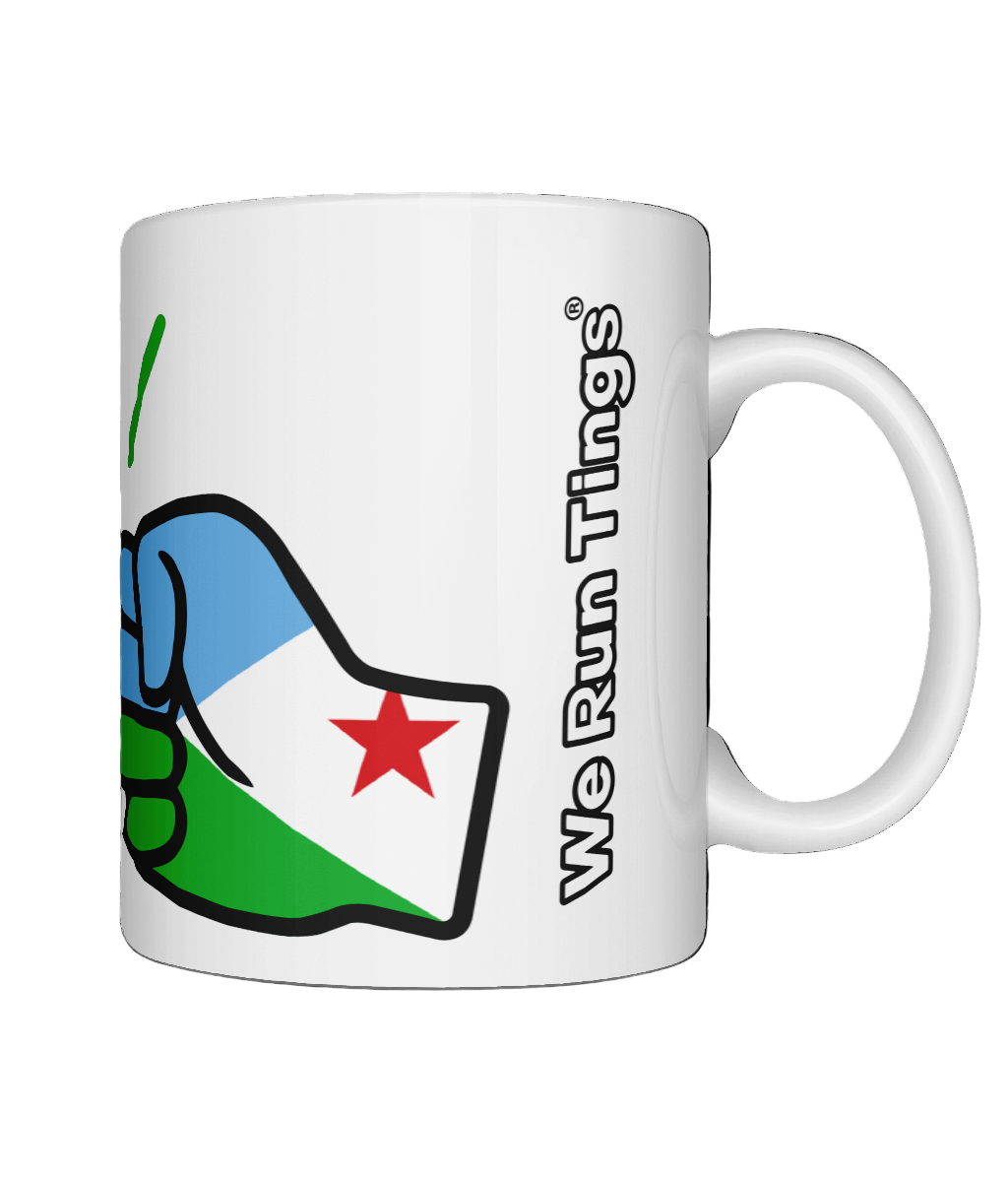A glossy white ceramic coffee mug with a graphic design of a Djibouti flag and the brand 'We Run Tings'.