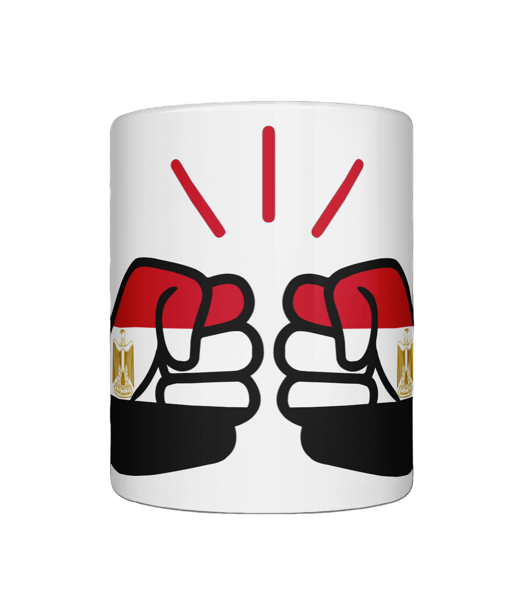 A We Run Tings glossy white ceramic mug with a graphic design of two fists and the Egyptian flag.