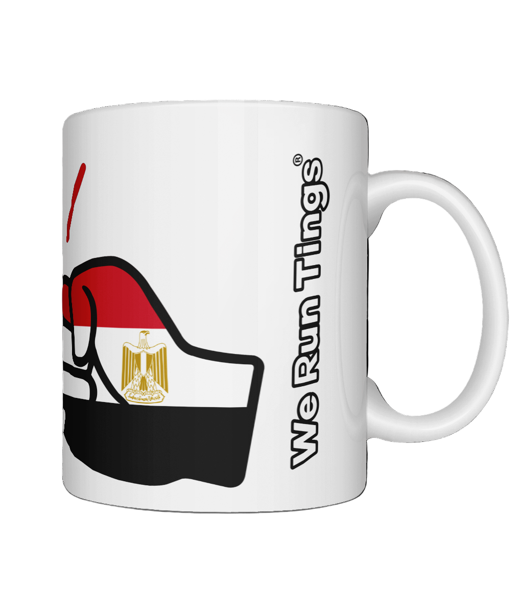 Glossy white ceramic mug featuring a patriotic We Run Tings logo with two fists displaying the flag of Egypt