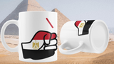 Two mugs with Egyptian flags and We Run Tings logos on a background with pyramids.