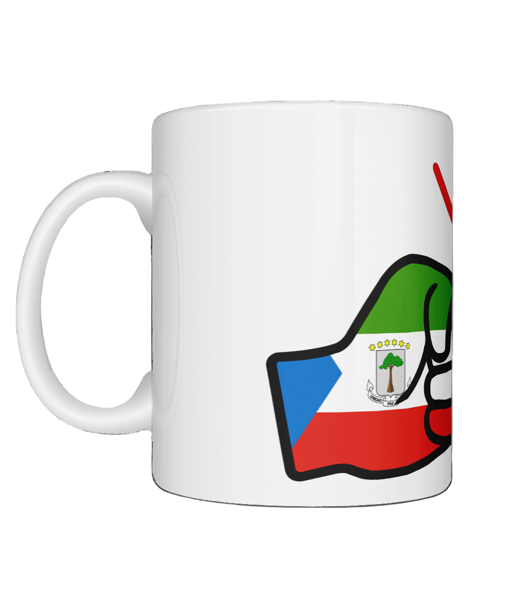 Glossy white ceramic mug featuring a patriotic We Run Tings logo with two fists displaying the flag of Equatorial Guinea on a white background
