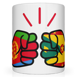 Mug with fists design featuring Eritrea and Ethiopia flags on a white background
