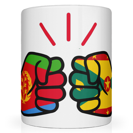 Mug with fists design featuring Eritrea and Ethiopia flags on a white background