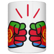 A white glossy We Run Tings Eritrea ceramic mug with a graphic design of two hands in different colors, representing the Eritrean flag on a white background.