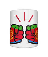 A white glossy We Run Tings Eritrea ceramic mug with a graphic design of two hands in different colors, representing the Eritrean flag on a white background.