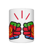 A white glossy We Run Tings Eritrea ceramic mug with a graphic design of two hands in different colors, representing the Eritrean flag on a white background.