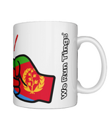 White ceramic We Run Tings, Eritrea mug with a colorful design text on a white background