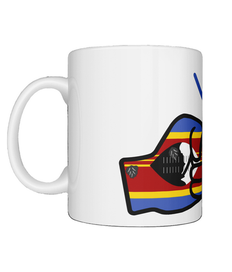A glossy white ceramic We Run Tings Eswatini mug with a design featuring fists and the text 'We Run Tings'. On a white background. Side view