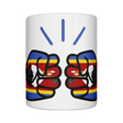 A glossy white ceramic We Run Tings Eswatini mug with a design featuring fists and the text 'We Run Tings'. On a white background