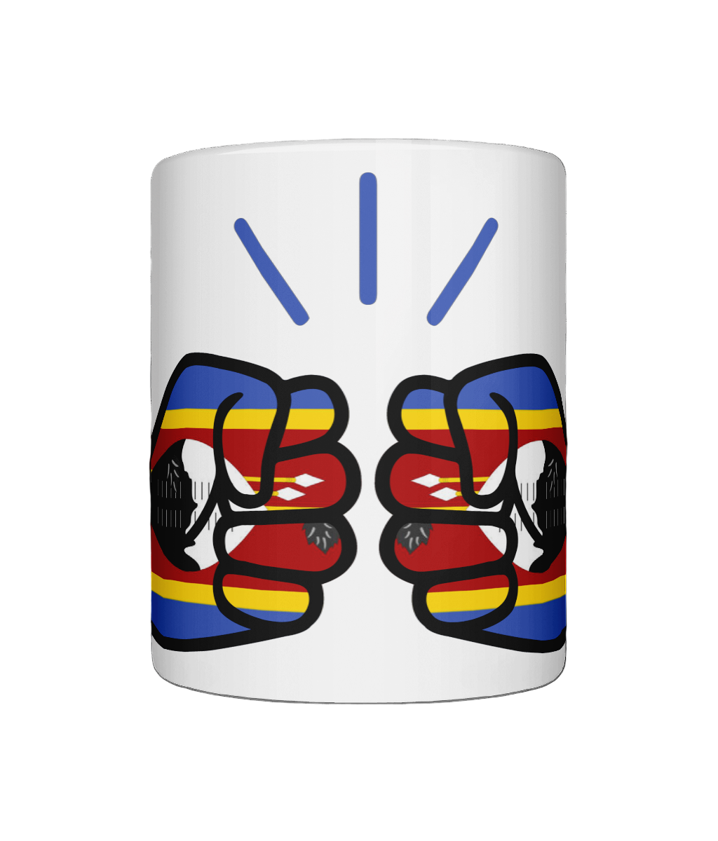 A glossy white ceramic We Run Tings Eswatini mug with a design featuring fists and the text 'We Run Tings'. On a white background