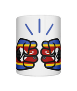 A glossy white ceramic We Run Tings Eswatini mug with a design featuring fists and the text 'We Run Tings'. On a white background