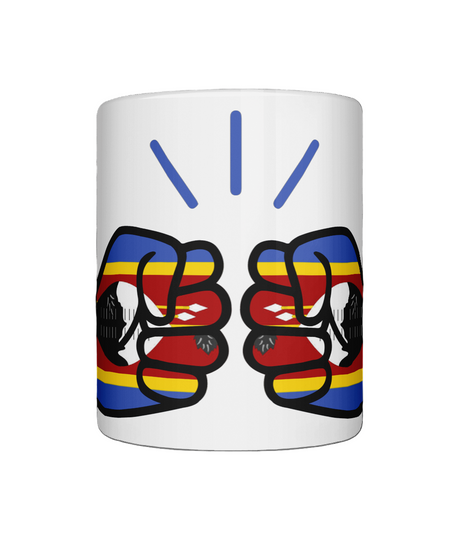 A glossy white ceramic We Run Tings Eswatini mug with a design featuring fists and the text 'We Run Tings'. On a white background
