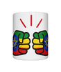 A glossy white We Run Tings Ethiopia Mug ceramic mug with a graphic design of fists in different colors on the side. On a white background