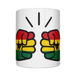 Glossy white ceramic mug featuring a patriotic We Run Tings logo with two fists displaying the flag of Ghana