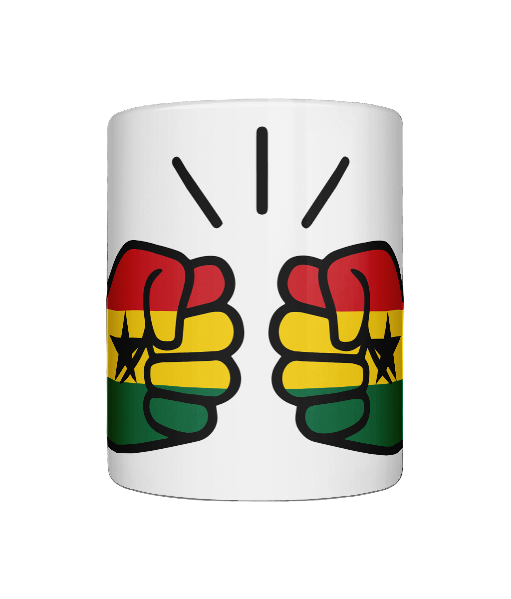 Glossy white ceramic mug featuring a patriotic We Run Tings logo with two fists displaying the flag of Ghana