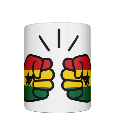 Glossy white ceramic mug featuring a patriotic We Run Tings logo with two fists displaying the flag of Ghana