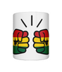 Glossy white ceramic mug featuring a patriotic We Run Tings logo with two fists displaying the flag of Ghana