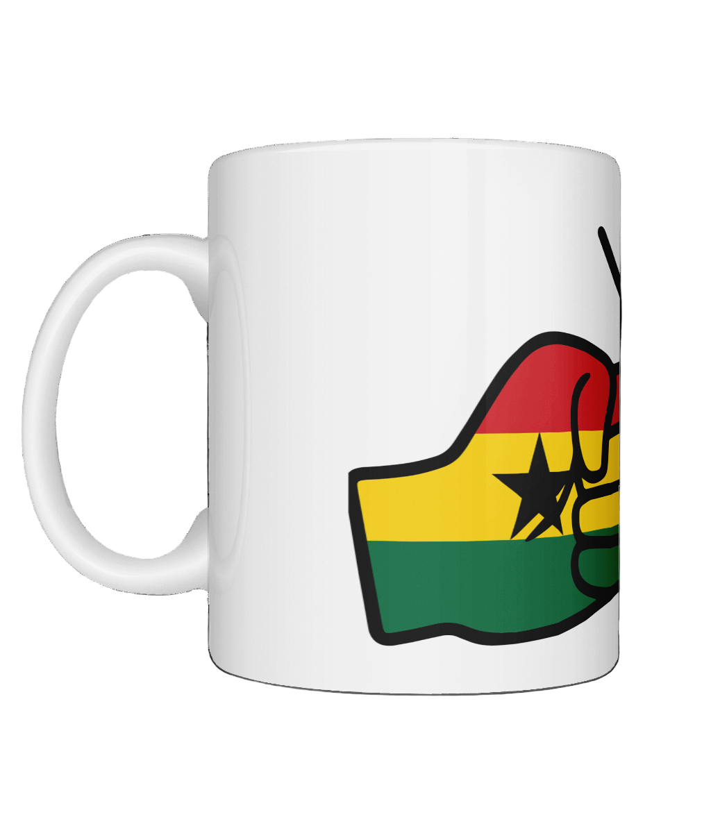 Glossy white ceramic mug featuring a patriotic We Run Tings logo with two fists displaying the flag of Ghana. Side view on a white background.