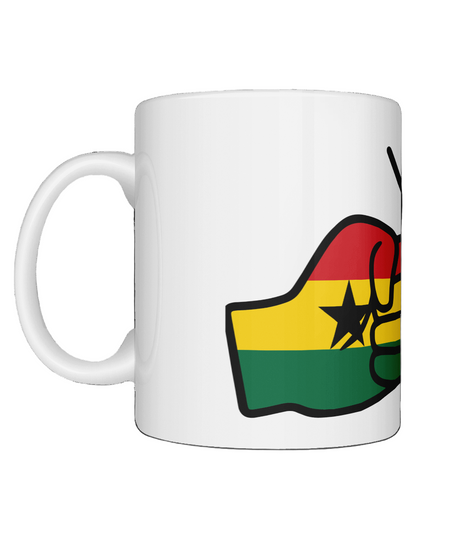 Glossy white ceramic mug featuring a patriotic We Run Tings logo with two fists displaying the flag of Ghana. Side view on a white background.
