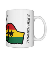 Glossy white ceramic mug featuring a patriotic We Run Tings logo with two fists displaying the flag of Ghana. Side view on a white background displaying the brand name.