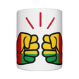 Glossy white ceramic mug featuring a patriotic We Run Tings logo with two fists displaying the flag of Guinea-Bissau on a white background