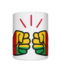 Glossy white ceramic mug featuring a patriotic We Run Tings logo with two fists displaying the flag of Guinea-Bissau on a white background