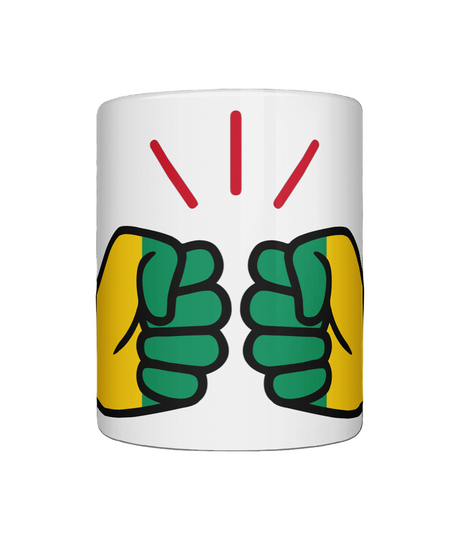 A glossy white We Run Tings Guinea ceramic mug with a hand graphic design in green, yellow and red, indicating 'We Run Tings' brand. On a white background.