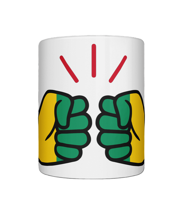 A glossy white We Run Tings Guinea ceramic mug with a hand graphic design in green, yellow and red, indicating 'We Run Tings' brand. On a white background.