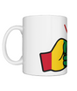 Glossy white ceramic mug featuring a patriotic We Run Tings logo with two fists displaying the flag of Guinea on a white background.