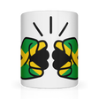 A white ceramic mug with a glossy finish featuring a graphic design and the text 'We Run Tings' along with the flag of Jamaica