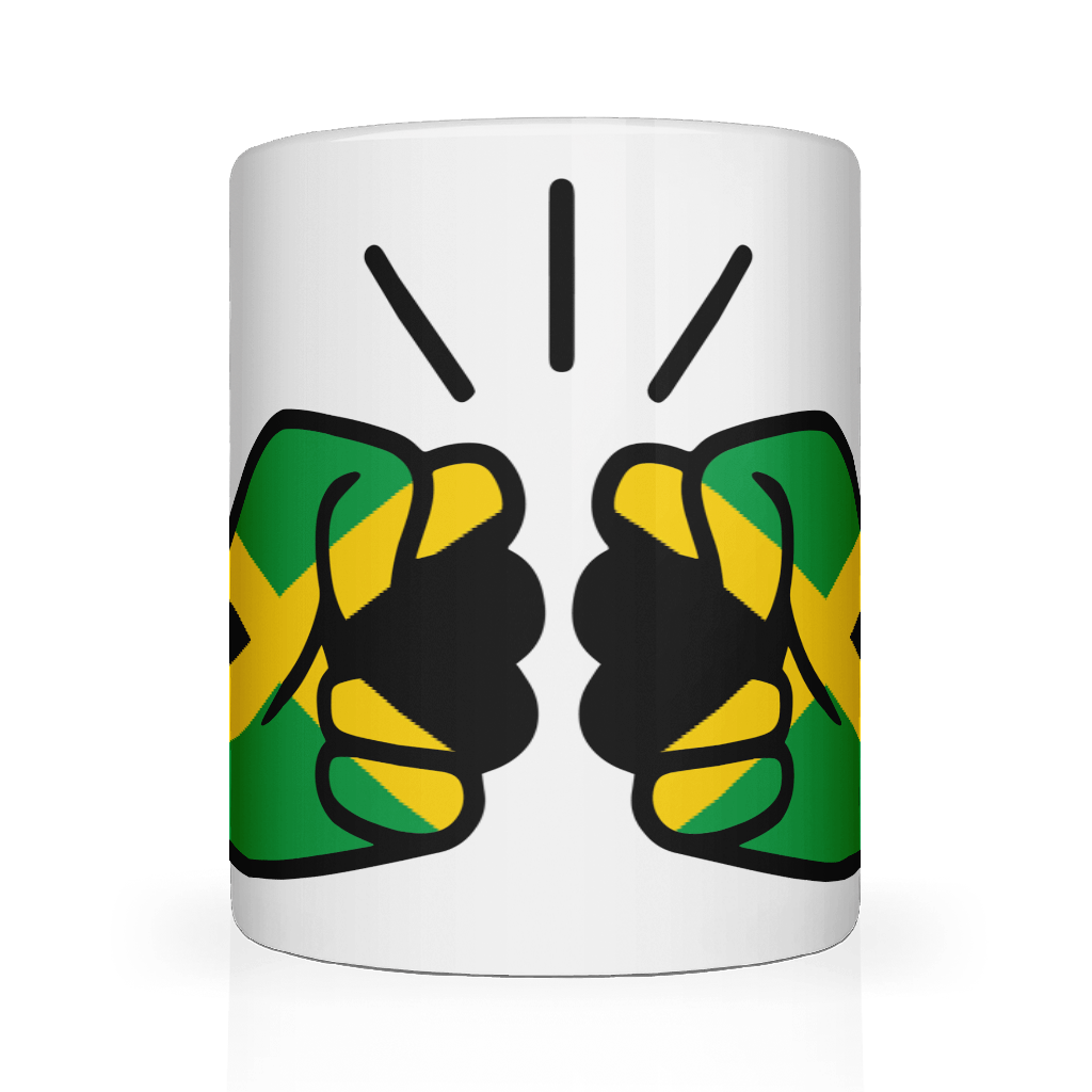 A white ceramic mug with a glossy finish featuring a graphic design and the text 'We Run Tings' along with the flag of Jamaica