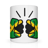 A white ceramic mug with a glossy finish featuring a graphic design and the text 'We Run Tings' along with the flag of Jamaica