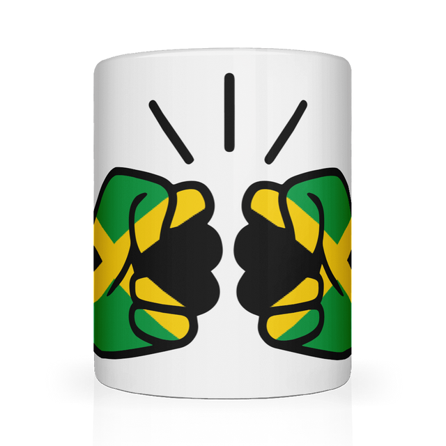 A white ceramic mug with a glossy finish featuring a graphic design and the text 'We Run Tings' along with the flag of Jamaica