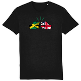 A black t-shirt with a graphic design featuring the fist of Jamaica and the United Kingdom flag colors, and the brand logo 'We Run Tings'.