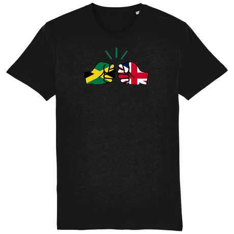 A black t-shirt with a graphic design featuring the fist of Jamaica and the United Kingdom flag colors, and the brand logo 'We Run Tings'.