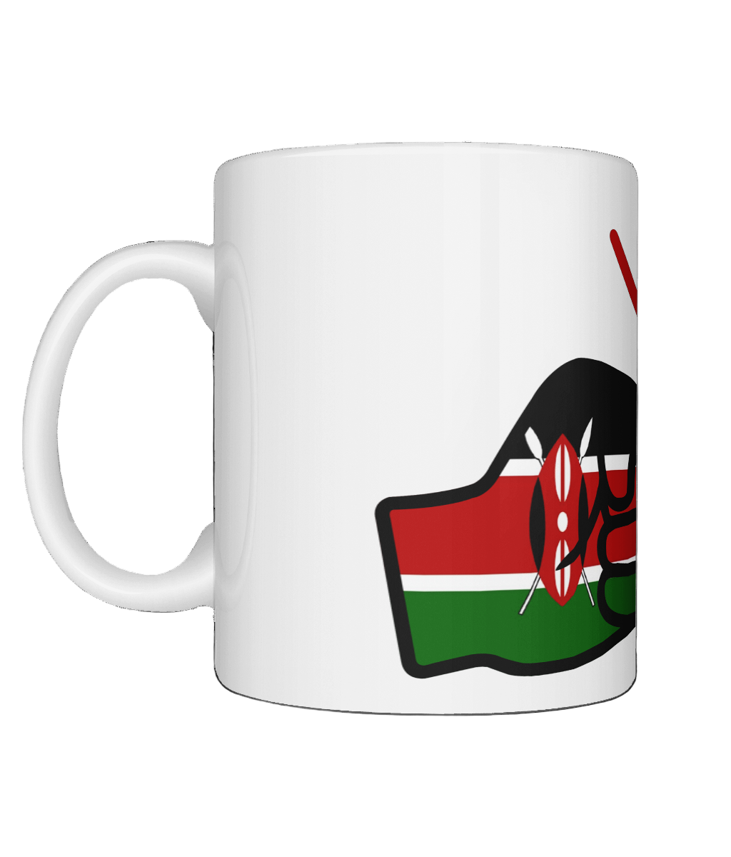 We Run Tings Kenya mug with a design of a hand holding a flag on a white background