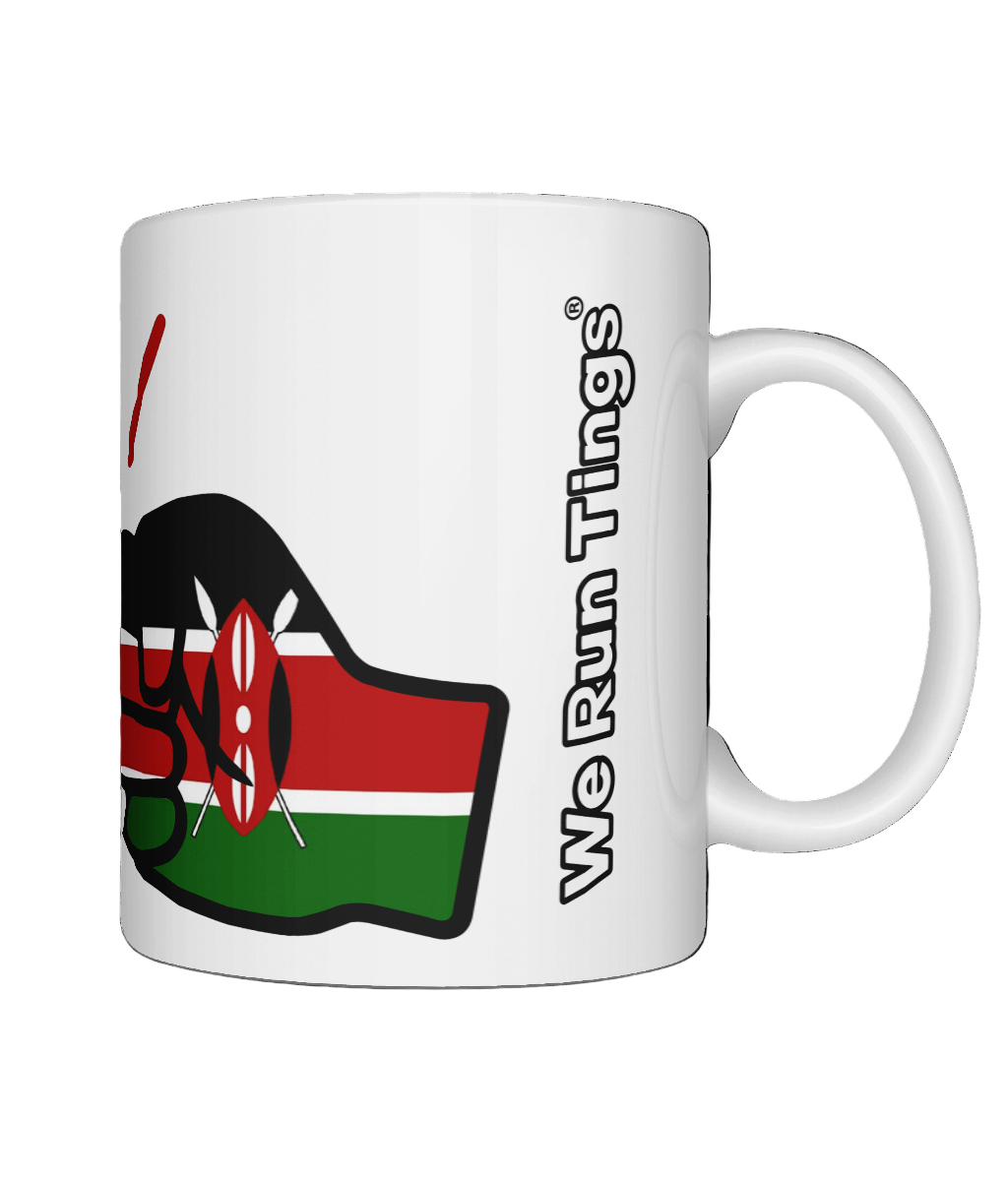 Glossy white ceramic mug featuring a patriotic We Run Tings logo with two fists displaying the flag of Kenya. On a white background