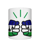 A glossy We Run Tings Lesotho white ceramic mug with a graphic design of two fists making a peace sign, featuring the colours of the Lesotho flag.