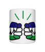 A glossy We Run Tings Lesotho white ceramic mug with a graphic design of two fists making a peace sign, featuring the colours of the Lesotho flag.