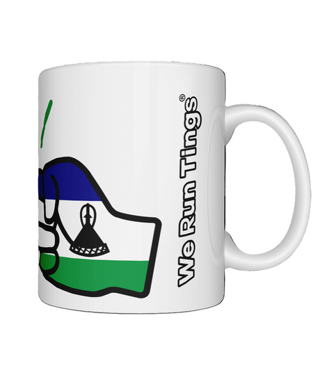 A glossy white ceramic We Run Tings Lesotho mug with a graphic design of a fist and the colors of the Lesotho flag. Front view