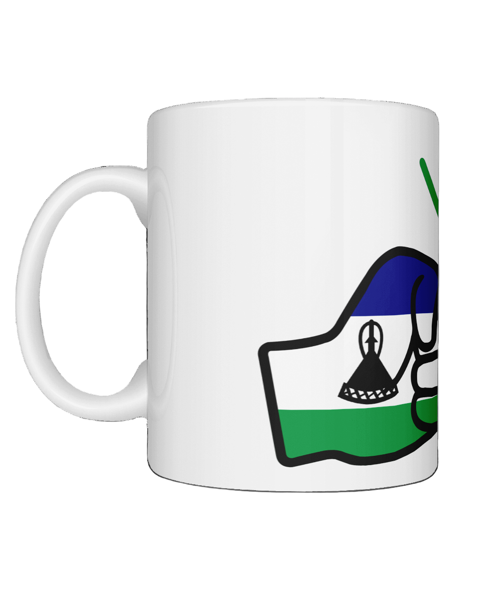 We Run Tings Lesotho glossy white ceramic mug with a graphic design of the flag of Lesotho and the brand logo of 'We Run Tings' on a white background.
