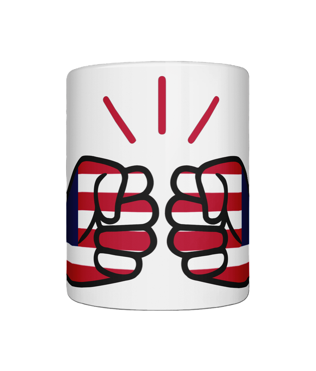 A white ceramic We Run Tings Liberia mug with a graphic design of two fists representing strength or power on a glossy finish. Front view on a white background.